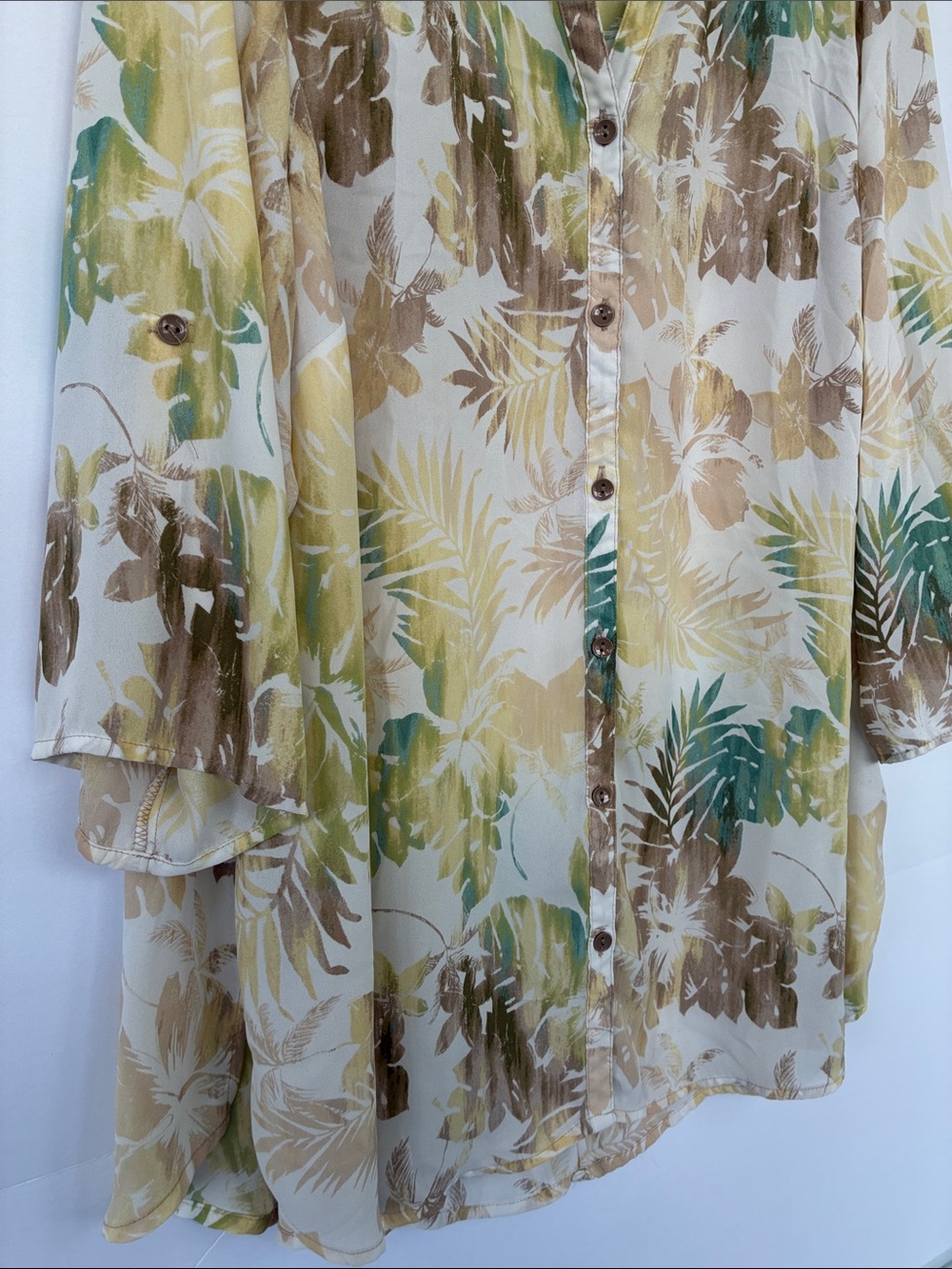 Catherines Cream Button-Front Tunic with Green and Brown Leaf Print 1X - Picture 7 of 15